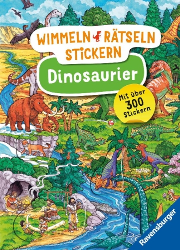 Buchcover und Innenansicht für das Buch: Wimmeln, Rätseln, Stickern: Dinosaurier