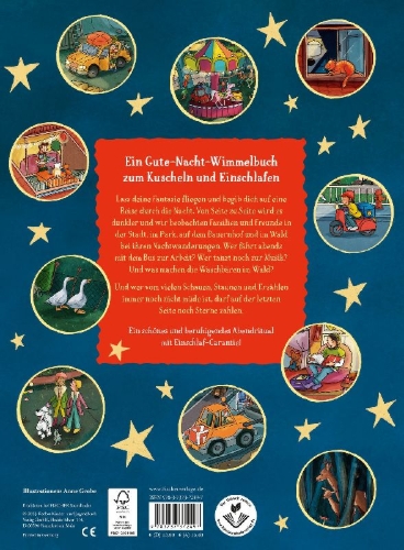Buchcover und Innenansicht für das Buch: Sterne, Mond und Kuschelzeit. Unser großes Gute-Nacht-Wimmelbuch