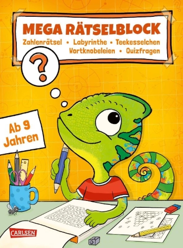 Buchcover und Innenansicht für das Buch: Rätseln für Kinder ab 9: Mega Rätselblock - Zahlenrätsel, Labyrinthe, Teekesselchen, Wortknobeleien, Quizfragen