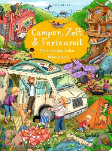 Buchcover und Innenansicht für das Buch: Camper, Zelt und Ferienzeit. Unser großes Reise-Wimmelbuch