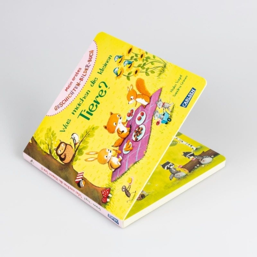 Buchcover und Innenansicht für das Buch: Mein erstes Geschichten-Bilder-Buch: Was machen die kleinen Tiere?