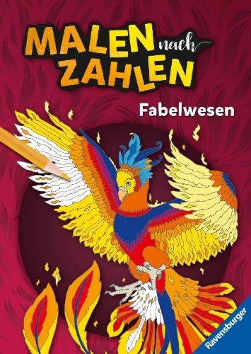 Buchcover und Innenansicht für das Buch: Ravensburger Malen nach Zahlen Fabelwesen - 32 Motive abgestimmt auf Buntstiftsets mit 24 Farben (Stifte nicht enthalten) - Malbuch mit nummerierten Ausmalfeldern für fortgeschrittene Fans der Reihe