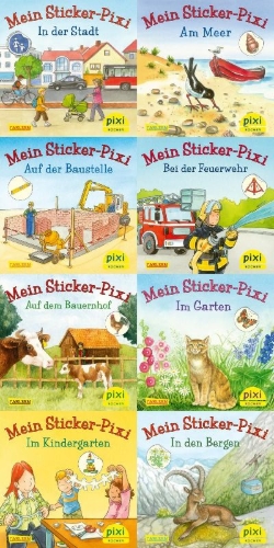 Buchcover und Innenansicht für das Buch: Pixi-Serie Nr. 199: Meine Sticker-Pixis. 64 Exemplare