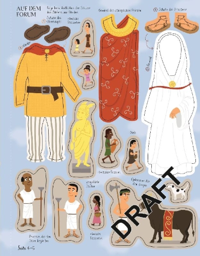Buchcover und Innenansicht für das Buch: Mein Anzieh-Stickerbuch: Bei den Römern