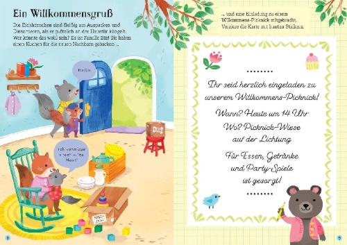 Buchcover und Innenansicht für das Buch: Mein Immer-wieder-Stickerbuch: Familie Eichhorn zieht um
