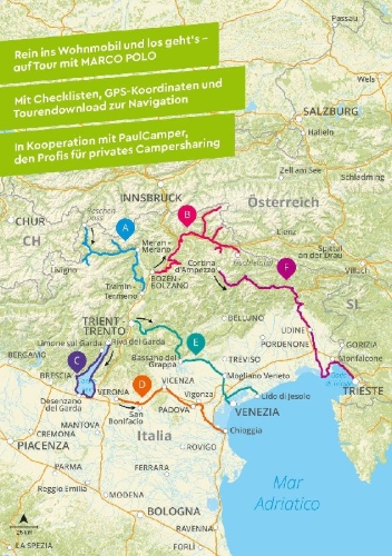 Buchcover und Innenansicht für das Buch: MARCO POLO Camper Guide Südtirol, Gardasee & Venetien