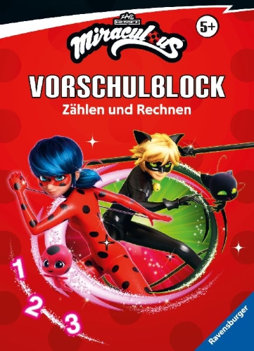 Buchcover und Innenansicht für das Buch: Miraculous - Mein Vorschulblock Zählen und Rechnen