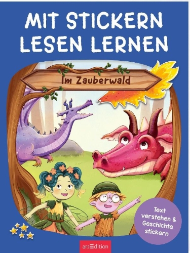 Buchcover und Innenansicht für das Buch: Mit Stickern Lesen lernen - Im Zauberwald