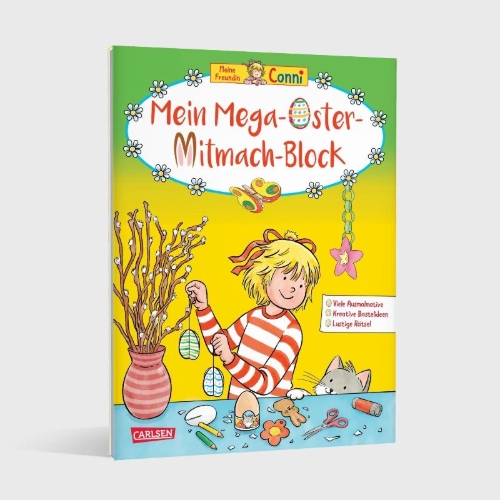 Buchcover und Innenansicht für das Buch: Conni Gelbe Reihe (Beschäftigungsbuch): Mein Mega-Oster-Mitmach-Block