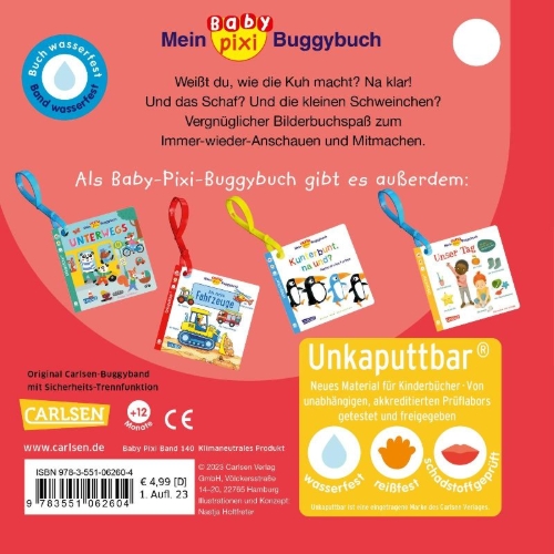 Buchcover und Innenansicht für das Buch: Baby Pixi (unkaputtbar) 140: Mein Baby-Pixi-Buggybuch: Oink, Mäh, Muh!