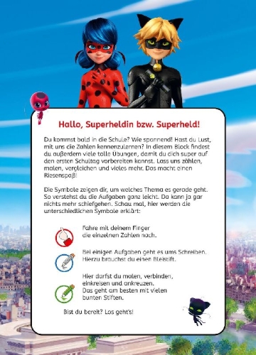 Buchcover und Innenansicht für das Buch: Miraculous - Mein Vorschulblock Zählen und Rechnen