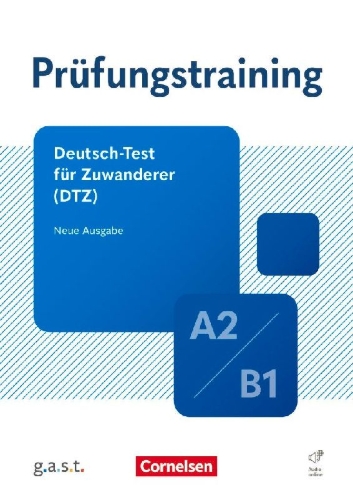 Buchcover und Innenansicht für das Buch: Prüfungstraining DaF A2/B1 - Deutsch-Test für Zuwanderer - Übungsbuch mit Lösungen und Audios als Download (Ausgabe 2025)