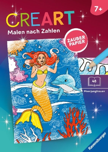 Buchcover und Innenansicht für das Buch: CreArt Malen nach Zahlen ab 7 Zauberpapier - Meerjungfrauen