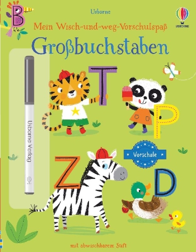 Buchcover und Innenansicht für das Buch: Mein Wisch-und-weg-Vorschulspaß: Großbuchstaben