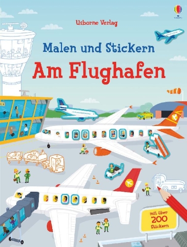 Buchcover und Innenansicht für das Buch: Malen und Stickern: Am Flughafen