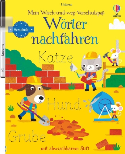Buchcover und Innenansicht für das Buch: Mein Wisch-und-weg-Vorschulspaß: Wörter nachfahren