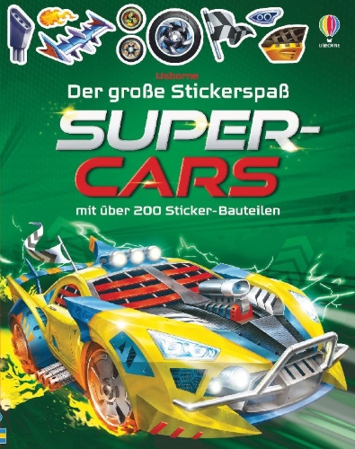 Buchcover und Innenansicht für das Buch: Der große Stickerspaß: Supercars