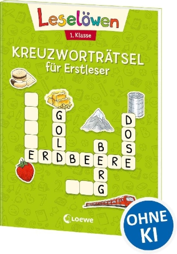Buchcover und Innenansicht für das Buch: Leselöwen Kreuzworträtsel für Erstleser - 1. Klasse (Hellgrün)