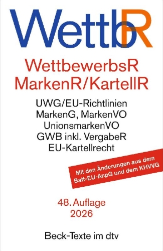 Buchcover und Innenansicht für das Buch: Wettbewerbsrecht, Markenrecht und Kartellrecht. WettbR