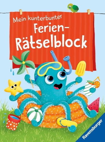 Buchcover und Innenansicht für das Buch: Ravensburger Mein kunterbunter Ferien-Rätselblock - Rätselspaß im Urlaub, auf Reisen oder Zuhause - Ferien Unterhaltung für Kinder von 7 bis 9 Jahren