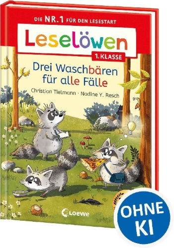 Buchcover und Innenansicht für das Buch: Leselöwen 1. Klasse - Drei Waschbären für alle Fälle