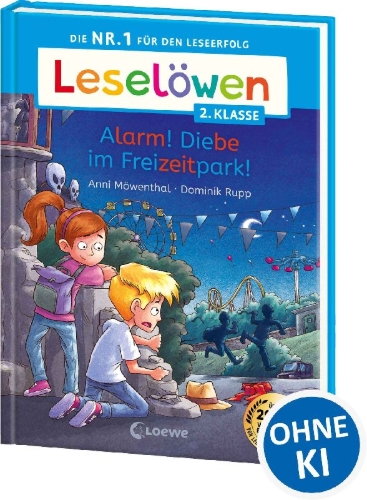 Buchcover und Innenansicht für das Buch: Leselöwen 2. Klasse - Alarm! Diebe im Freizeitpark!