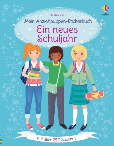 Buchcover und Innenansicht für das Buch: Mein Anziehpuppen-Stickerbuch: Ein neues Schuljahr
