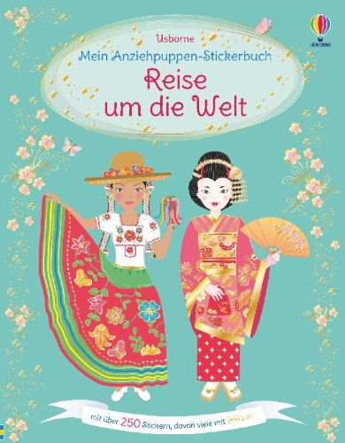 Buchcover und Innenansicht für das Buch: Mein Anziehpuppen-Stickerbuch: Reise um die Welt
