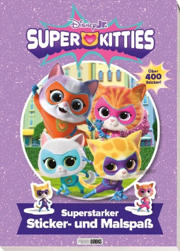 Buchcover und Innenansicht für das Buch: Disney Junior SuperKitties: Superstarker Sticker- und Malspaß