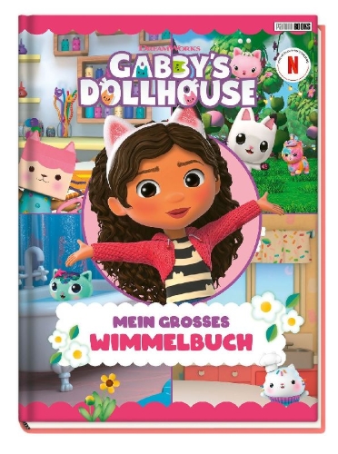 Buchcover und Innenansicht für das Buch: Gabby's Dollhouse: Mein großes Wimmelbuch