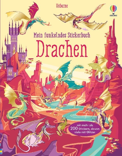 Buchcover und Innenansicht für das Buch: Mein funkelndes Stickerbuch: Drachen