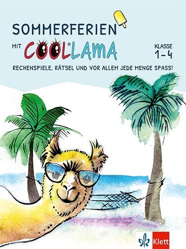 Buchcover und Innenansicht für das Buch: Sommerferien mit Coollama. Rechenspiele, Rätsel und vor allem jede Menge Spaß!