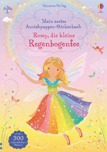 Buchcover und Innenansicht für das Buch: Mein erstes Anziehpuppen-Stickerbuch: Romy, die kleine Regenbogenfee