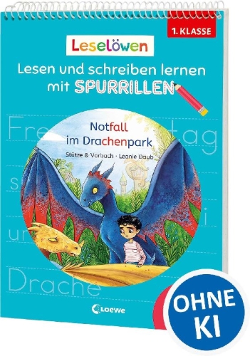 Buchcover und Innenansicht für das Buch: Leselöwen - Lesen und schreiben lernen mit Spurrillen - Notfall im Drachenpark