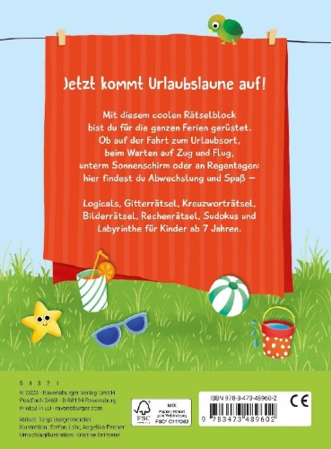 Buchcover und Innenansicht für das Buch: Ravensburger Mein kunterbunter Ferien-Rätselblock - Rätselspaß im Urlaub, auf Reisen oder Zuhause - Ferien Unterhaltung für Kinder von 7 bis 9 Jahren