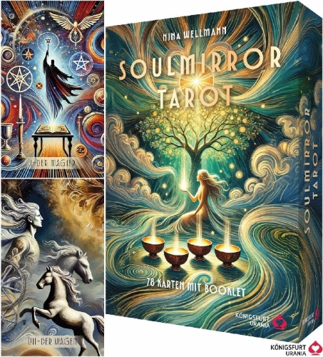 Buchcover und Innenansicht für das Buch: Soulmirror Tarot - 78 Karten mit Buch - (Soul Path, sensitive Tarotkarten)