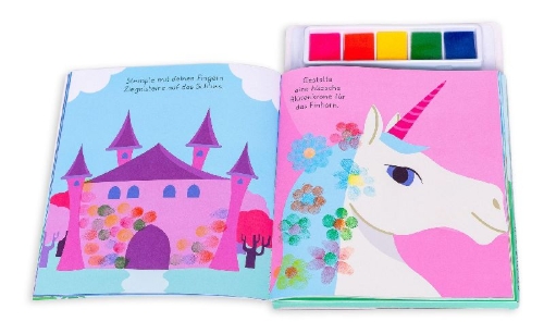 Buchcover und Innenansicht für das Buch: Stempelkunst für kleine Finger. Einhörner