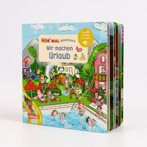 Buchcover und Innenansicht für das Buch: Hör mal (Soundbuch): Wimmelbuch: Wir machen Urlaub