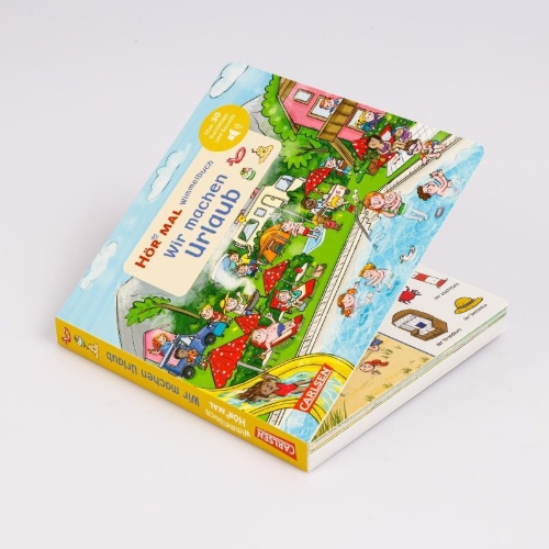 Buchcover und Innenansicht für das Buch: Hör mal (Soundbuch): Wimmelbuch: Wir machen Urlaub