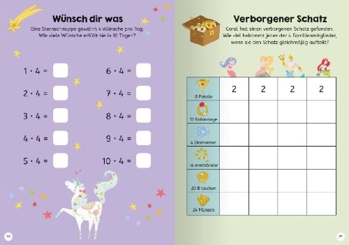 Buchcover und Innenansicht für das Buch: Magical Unicorn Academy. Multiplying and Dividing.
