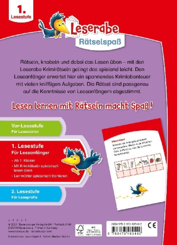 Buchcover und Innenansicht für das Buch: Leserabe - Rätselspaß - Krimirätsel zum Lesenlernen, 1. Lesestufe