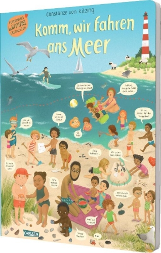Buchcover und Innenansicht für das Buch: Komm, wir fahren ans Meer (Constanze von Kitzings Wimmelgeschichten 4)