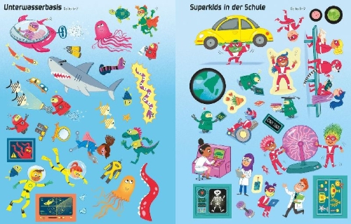 Buchcover und Innenansicht für das Buch: Mein erstes Stickerbuch: Superkids