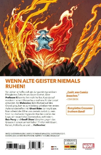 Buchcover und Innenansicht für das Buch: Ghost Rider/Wolverine: Weapons of Vengeance Alpha (2023) 1; Ghost Rider (2022) 17; Wolverine (2020) 36; Ghost Rider/Wolverine: Weapons of Vengeance Omega (2023) 1
