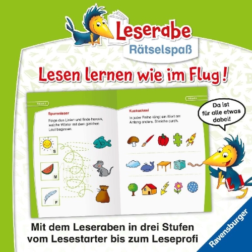 Buchcover und Innenansicht für das Buch: Ravensburger Leserabe Rätselspaß - Abc-Rätsel für Lesestarter ab 5 Jahren - Vor-Lesestufe