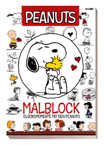 Buchcover und Innenansicht für das Buch: Peanuts: Malblock - Glücksmomente mit den Peanuts