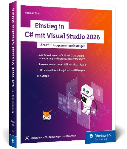 Buchcover und Innenansicht für das Buch: Einstieg in C# mit Visual Studio 2026