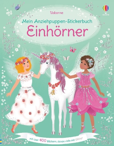 Buchcover und Innenansicht für das Buch: Mein Anziehpuppen-Stickerbuch: Einhörner