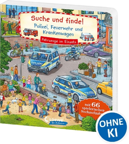 Buchcover und Innenansicht für das Buch: Suche und finde! Polizei, Feuerwehr und Krankenwagen