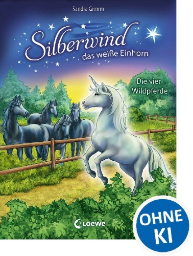 Buchcover und Innenansicht für das Buch: Silberwind, das weiße Einhorn - Die vier Wildpferde